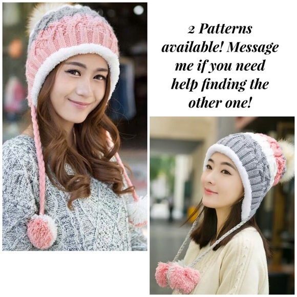 Gray, Pink & White Fleece Lined Beanie with Pom Poms - Picture 8 of 15